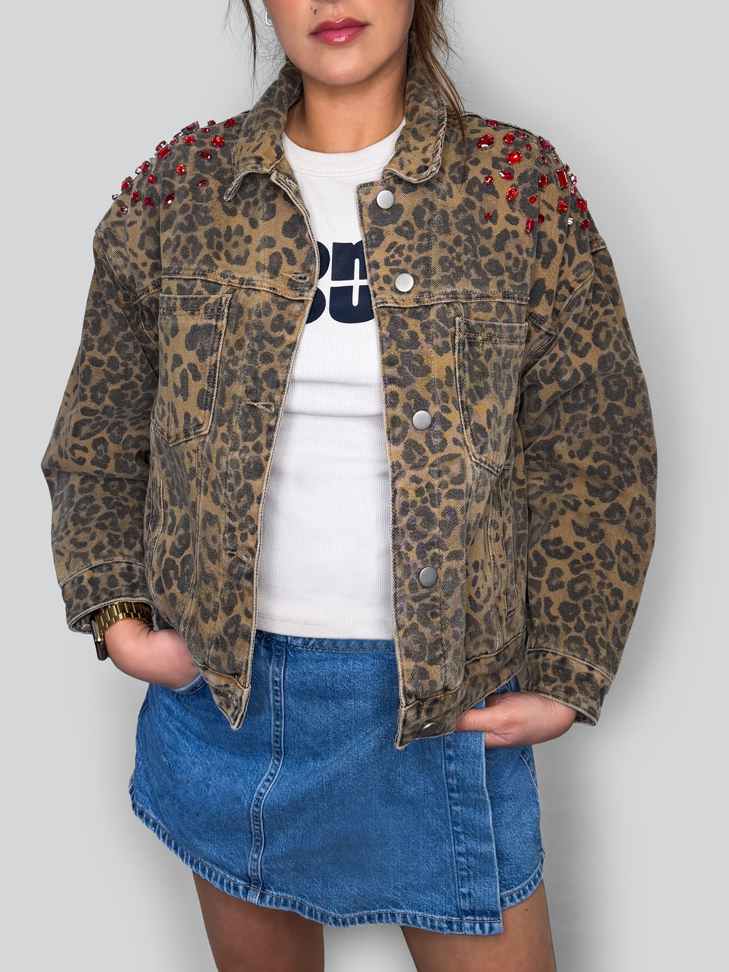 Trouble Maker - Leopard Boyfriend Denim Jacket